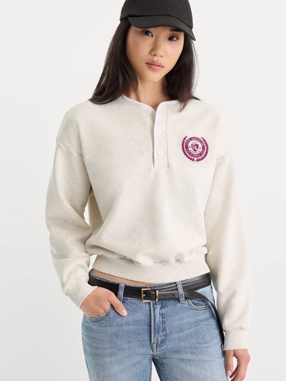 Good American Cream Henley Sweatshirt with Purple Crest